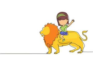 Single one line drawing happy little girl riding lion. Child sitting on back big lion at circus event. Kid learning to ride beast animal. Modern continuous line draw design graphic vector illustration