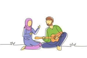 Single continuous line drawing Arabian couple of lovers has picnic on nature. Romantic man playing music on guitar, girl listen and singing together. One line draw graphic design vector illustration