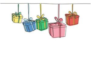 Continuous one line drawing template gifts box with party concept. Bday presents cardboard box or banner template with happy birthday typography. Single line draw design vector graphic illustration