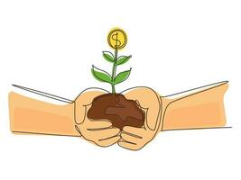 Continuous one line drawing hands holding money plant in soil on white background. Hand of businessman holding sprout a money tree. Earnings, success in work, money. Single line draw design vector