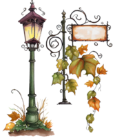 Retro Lamp Post And Vines watercolor png