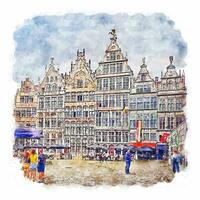 Antwerp Belgium Watercolor sketch hand drawn illustration vector