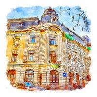 Architecture Romania Watercolor sketch hand drawn illustration vector