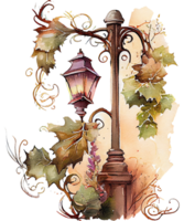 Retro Lamp Post And Vines watercolor png