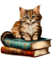 Jahrgang Bücher und Katze Aquarell ai generativ png