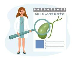 Female doctor with magnifying glass examining gallbladder disease, medical diagnosis. The concept of science and medicine. Vector