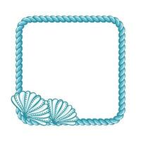 Blue sailor rope with hand drawn seashells isolated on white background. Marine background, frame vector