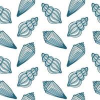 Seamless pattern with blue seashells on a white background. Marine background, print, textile, vector