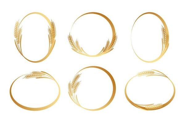 Set of round abstract golden icons of ears of wheat. Logo, icon, template, decor element, vector