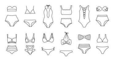 conjunto de dibujado a mano De las mujeres bikini trajes de baño en un blanco antecedentes. De las mujeres ropa iconos, bosquejo, vector