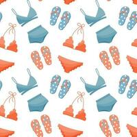 Seamless pattern, drawn women's bikini swimwear and flip-flops on a white background. Travel background, print, vector