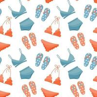 Seamless pattern, drawn women's bikini swimwear and flip-flops on a white background. Travel background, print, vector