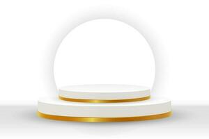 White podium with gold trim and gold rings for product presentation on a white background. 3D illustration, vector