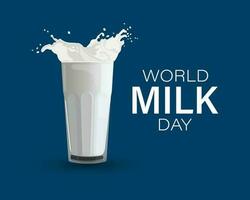 World Milk Day, banner. Glass with milk splash and text. Poster, illustration, vector