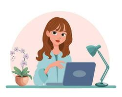 Home office concept. Woman freelancer, manager works at the computer. Illustration, vector