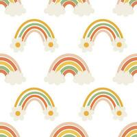 Seamless pattern, rainbows, clouds and flowers in retro boho style. Baby background, textile, vector