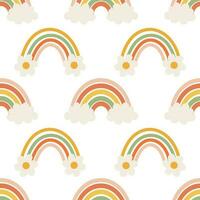 sin costura patrón, arcoiris, nubes y flores en retro boho estilo. bebé fondo, textil, vector