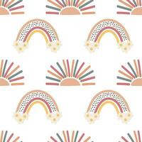 Seamless pattern, rainbows, clouds and flowers in retro boho style. Baby background, textile, vector