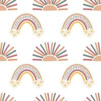 Seamless pattern, rainbows, clouds and flowers in retro boho style. Baby background, textile, vector