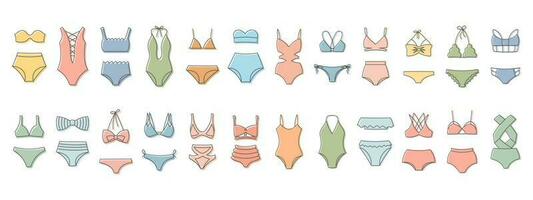 conjunto de línea dibujos de De las mujeres bikini trajes de baño en un blanco antecedentes. De las mujeres ropa iconos, bosquejo, vector