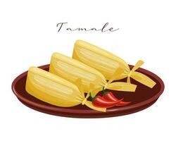 Tamale, dough with meat in corn leaves on a clay plate, Latin American cuisine. National cuisine of Mexico. Food illustration, vector