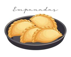 empanadas de carne frita, panqueques con carne en una sartén, cocina latinoamericana. cocina nacional de argentina. ilustración de alimentos, vector