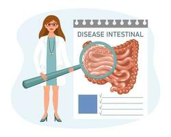 un hembra médico con un aumentador vaso examina el enfermedad de el digestivo sistema, hígado, estómago, riñones, intestinos el concepto de Ciencias y medicamento. vector