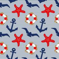 Nautical seamless pattern, anchors, seagulls, lifebuoy, steering wheels, ships on a striped background. Background, print, vector