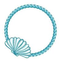 Blue sailor rope with hand drawn seashells isolated on white background. Marine background, frame vector