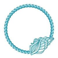 Blue sailor rope with hand drawn seashells isolated on white background. Marine background, frame vector