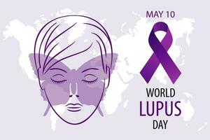 mundo lupus día, mayo 10, bandera. mujer cara con mariposa y púrpura cinta. médico póster, vector