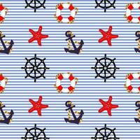 Nautical seamless pattern, anchors, seagulls, lifebuoy, steering wheels, ships on a striped background. Background, print, vector