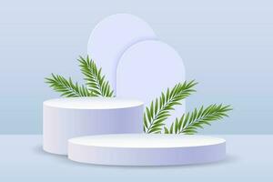 White podium with palm leaves for the presentation of products on a pale blue background. 3D illustration, vector