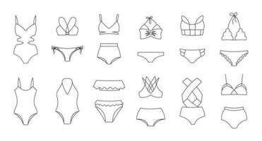 conjunto de dibujado a mano De las mujeres bikini trajes de baño en un blanco antecedentes. De las mujeres ropa iconos, bosquejo, vector