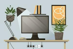 Home office concept, workspace. Computer monitor, table lamp, house plants, books on the shelf and wall posters. Background, vector