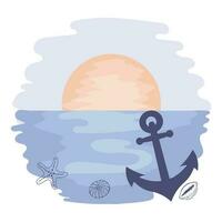 Sunset on tropical sea with anchor and seashells on watercolor background. Illustration, icon, vector