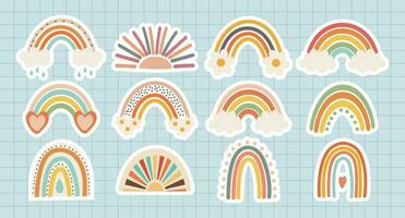 Set of doodles, rainbows, sun with clouds and flowers in retro boho style. Baby stickers, scrapbook icons, vector