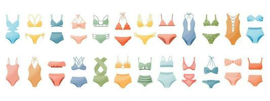 Set of women's bikini swimwear, swimsuits on a white background. Women's clothing icons, vector