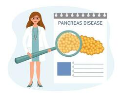 Female doctor with a magnifying glass examines the disease of the pancreas, a medical diagnosis. The concept of science and medicine. Vector