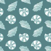 Seamless pattern with blue seashells on a blue background. Marine background, print, textile, vector
