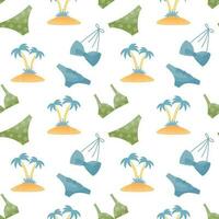 Seamless pattern, drawn women's swimwear and palm trees on a white background. Travel background, print, vector