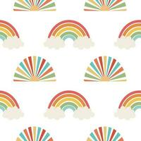 Seamless pattern, rainbows, clouds and flowers in retro boho style. Baby background, textile, vector