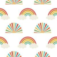 Seamless pattern, rainbows, clouds and flowers in retro boho style. Baby background, textile, vector