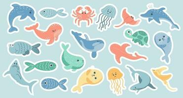 colección de vistoso pegatinas con pescado y marina animales pegatinas para niños, vector