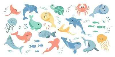 colección de vistoso peces y mar animales íconos en dibujos animados estilo para niños, vector