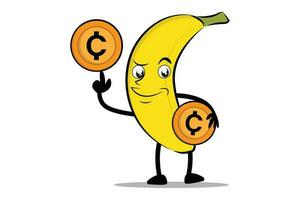 Banana Cartoon mascot or character holding crypto coins, digital coins or digital money vector