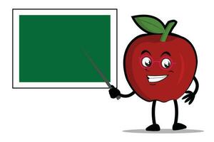 manzana dibujos animados mascota o personaje como un profesor y enseñando utilizando un pizarra vector