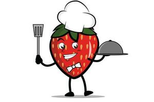 Strawberry Cartoon mascot or character as a chef holding the spatula and serving plate vector