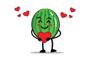 Watermelon Cartoon mascot or character hugging a heart full of love vector