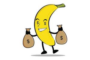 Banana Cartoon mascot or character carries a sack of money, a paycheck from his business vector